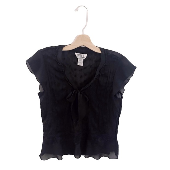 Vintage Robbie Bee Ascot Tie Chic Black Sheer Top Short Sleeve - Picture 1 of 4